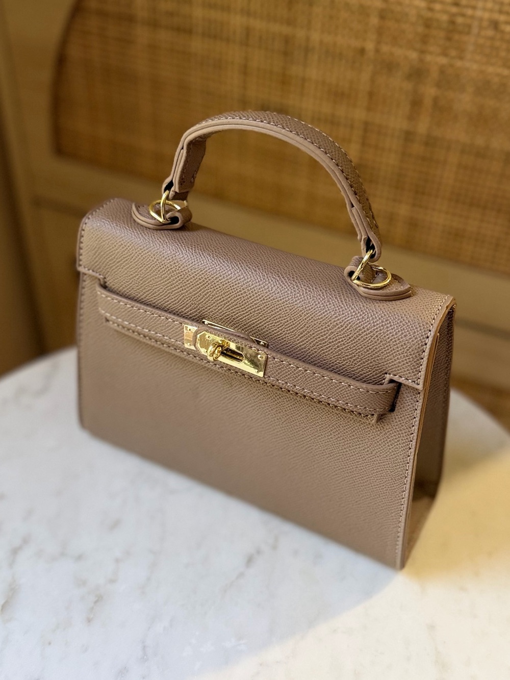 Mini Top Handle Taupe Bag | Removable Crossbody Strap | Luxe Gold Hardware